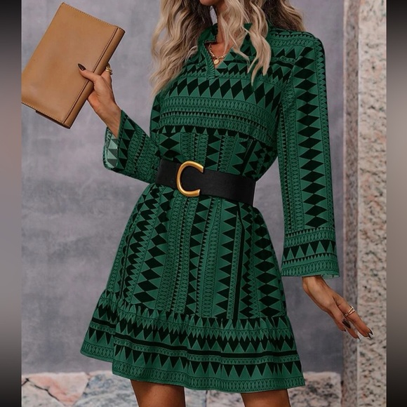 Dresses & Skirts - Classic Abstract Geo Print Flounce Sleeve Ruffle Hem Dress NO BELT